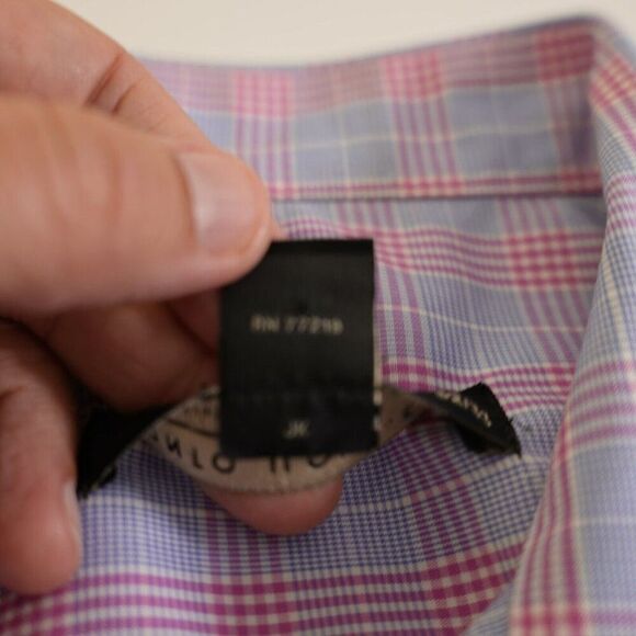 Pronto Uomo Pink‎ Blue Plaid 15.5 32/33 Non Iron Slim Fit Collared Dress Shirt - Picture 8 of 11